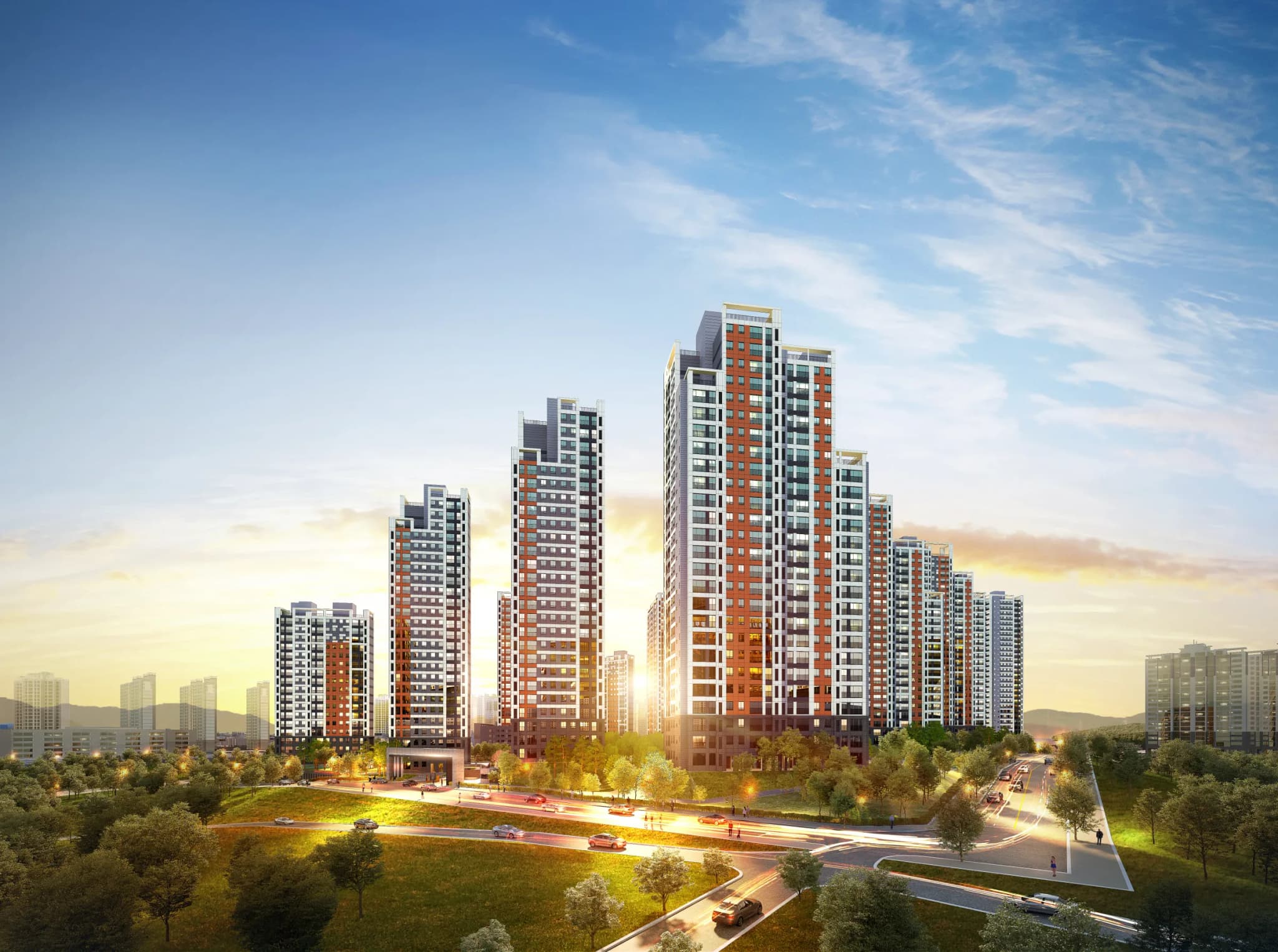 오산 센트럴시티 운암뜰 석양 투시도 — 경기도 오산시 부산동 지하3층~지상29층 15개동 1,606세대 대단지 아파트 전경